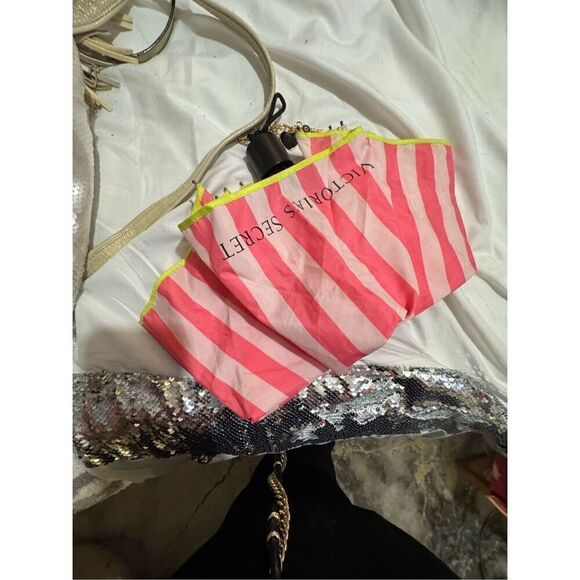 Victoria's secret VS signature stripe w/neon green trim & wristlet chain - Picture 7 of 10